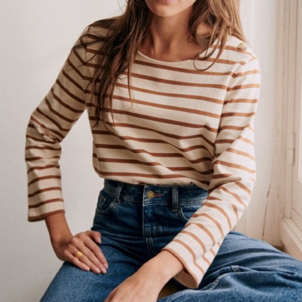Sezane Women's Long Sleeve Striped Tee - Cream and Brown